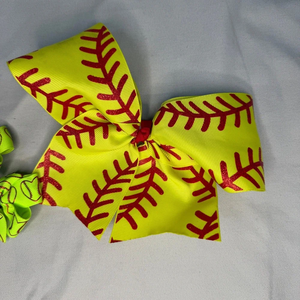 Softball Hair Bow Set Large Yellow Cheer Bow and 2 Green Heart Pigtail Clips